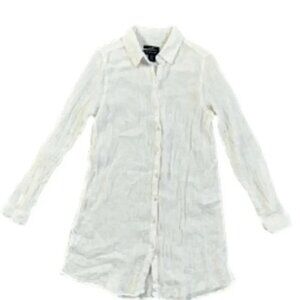 TAHARI Size S 100% Linen TunicShirt Button Front Roll Tab Sleeve Side Slit White